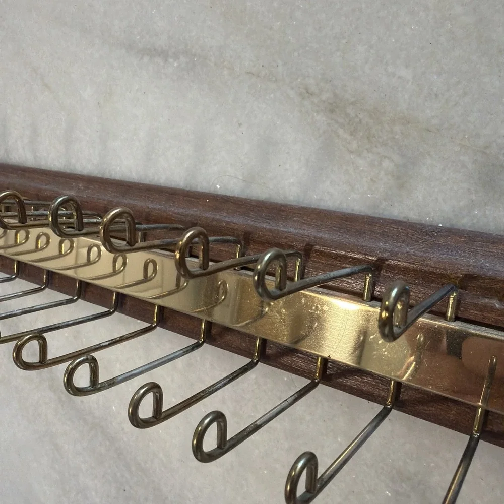 Vintage Tie/Belt Rack Organizer Wall Mount Closet Rod 36 hook Wood/Brass GWB001